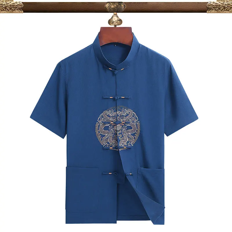 

Mandarin Collar Tang Coat Couple Chinese Traditional Tops Vintage For Men And Women Kong Fu Clothing Cotton Short Sleeve Shirt