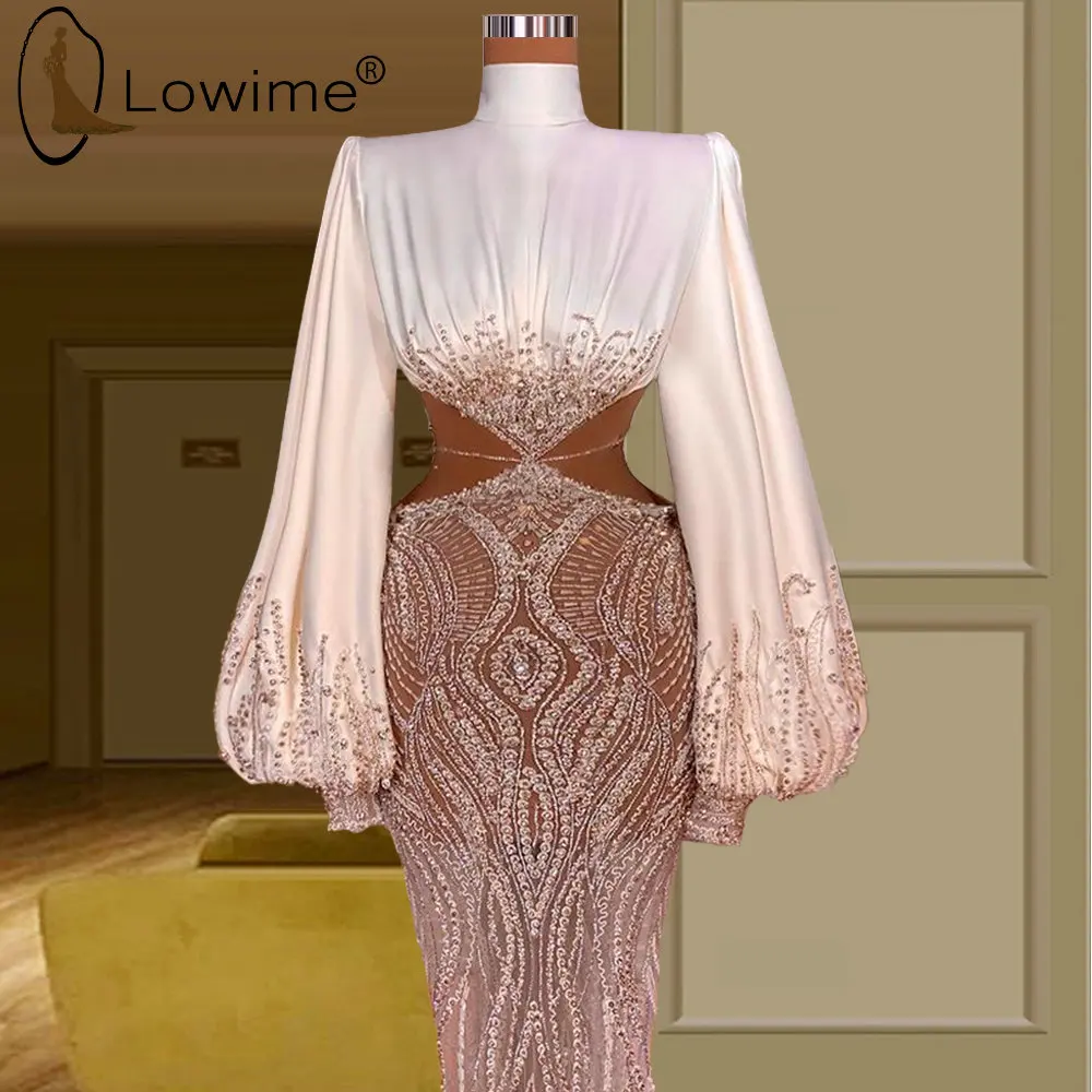 

Arabic Style High Neck Mermaid Evening Dresses 2021 Muslim Long Sleeves Beads Party Gowns Robes De Soirée Wedding Guest Dresses
