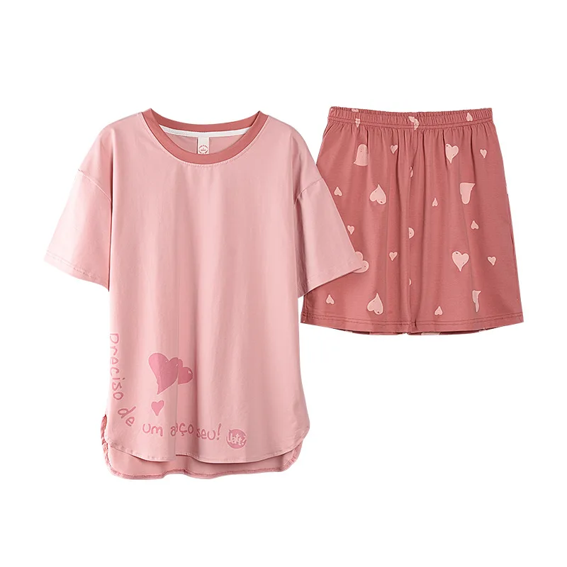 

M-XXL Pink Lady Pajamas Set 2PCS Cotton Print Sweetheart Sleep Suit Sleepwear Nightwear Pyjamas Summer Loose Home Clothes