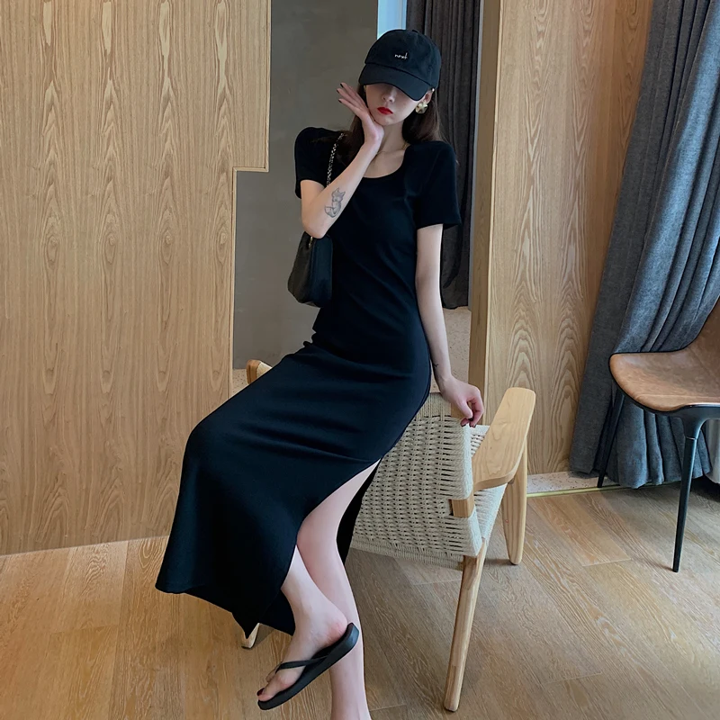 

Casual Women Split O-neck Short Sleeve Solid Slim Summer Cotton Long t Shirt Dress Sales