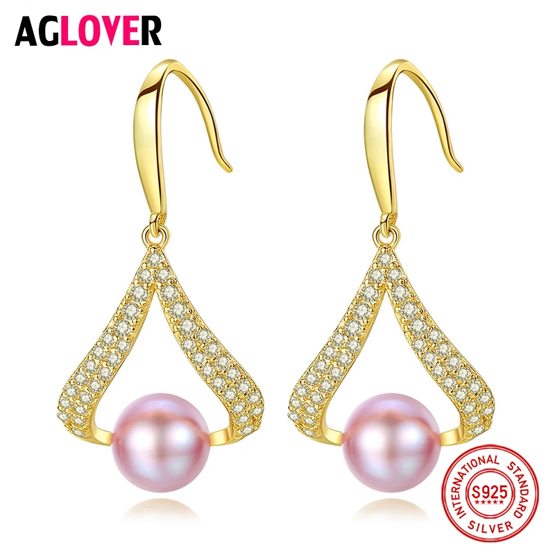 

AGLOVER New Pearl Earrings For Women 925 Silver Earrings Gilt Genuine Natural Freshwater Pearl Charm Jewelry Lady Gift