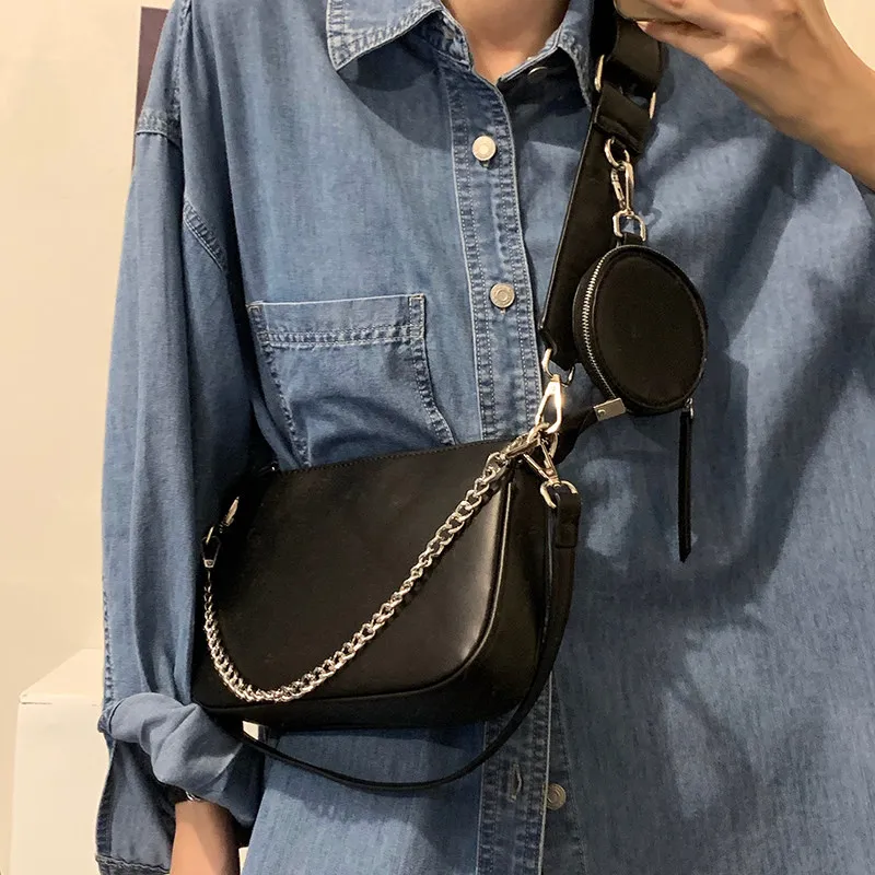 

Fashion Pu Leather Shoulder Bag For Women Black Baguette Bag Chains Crossbody Bag Designer Armpit Handbag Girls Purse 2pcs bolso