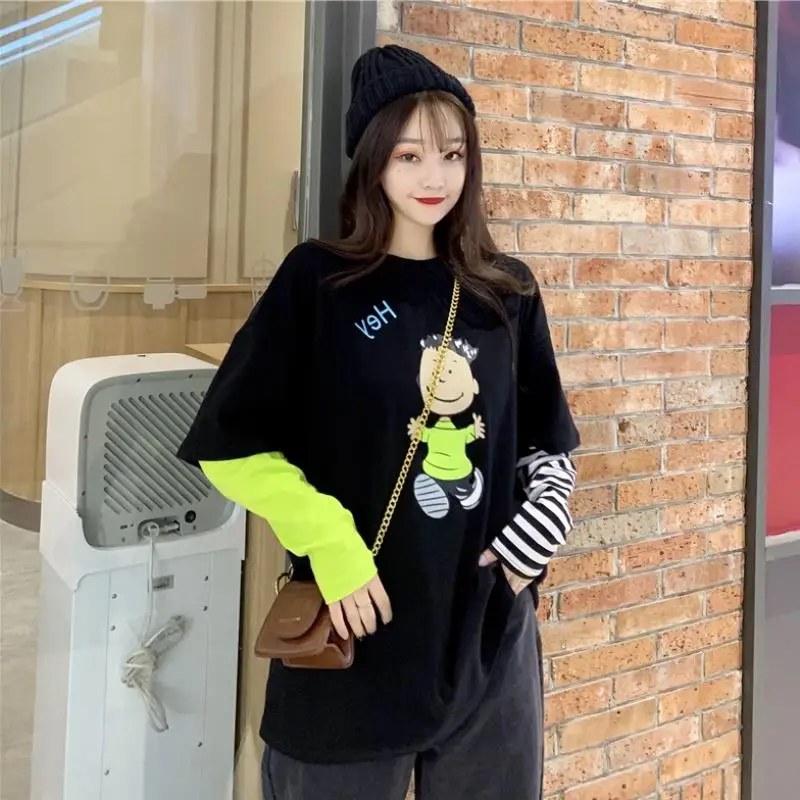 

Oversized Fashion Cotton T Shirt Women 2021 Spring Autumn Long Sleeve Print Crop Top Casual Tee Plus Size Striped Female Tshirts