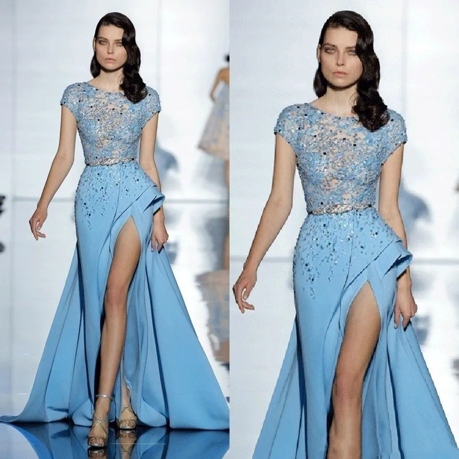 Формальные небесно голубые вечерние платья Elie Saab с короткими рукавами расшитое