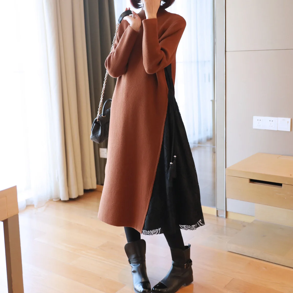 Женское кружевное платье LANMREM трикотажное с высоким воротом длинным рукавом и