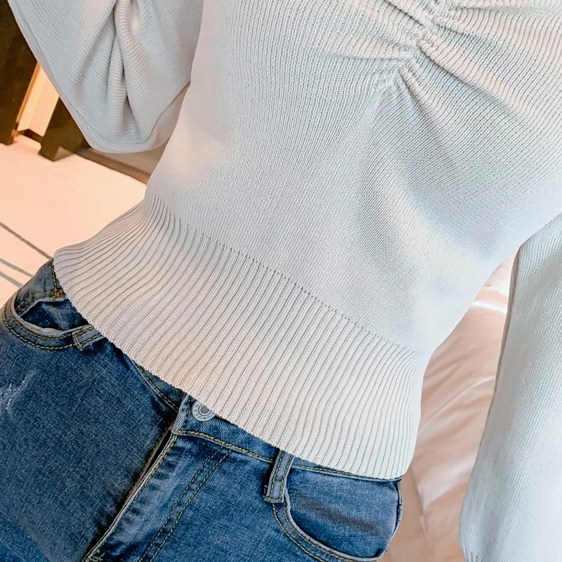 

Lucyever Slim Women Knitted Sweater Autumn Long Sleeve Sexy V Neck Pullover Ladies Jumper Casual Korean Solid Short Top New 2021