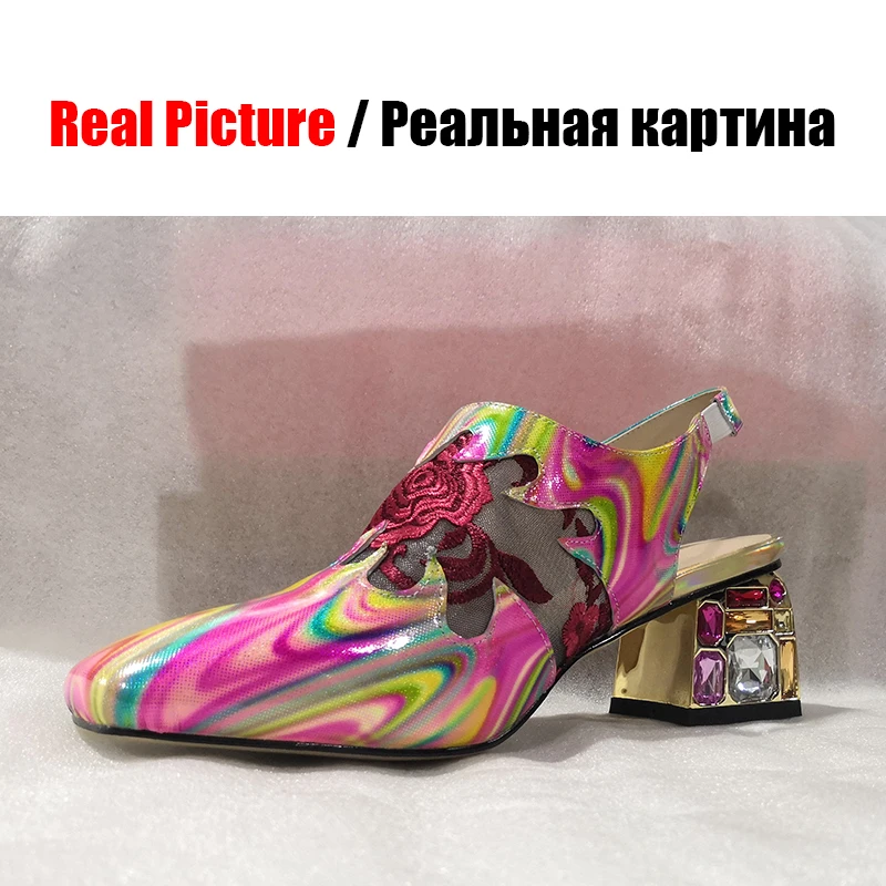 DARATASIA/Новинка; женские босоножки из натуральной лакированной кожи; коллекция года; Брендовые вечерние босоножки с цветочным принтом; женская обувь на высоком каблуке; большие размеры 34-41