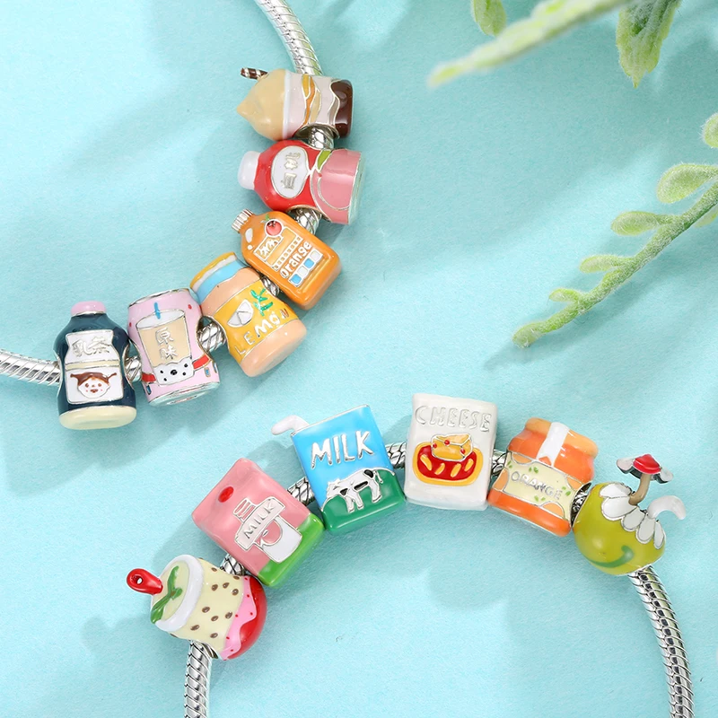 

2021 Drink Series Milk Tea Juice 925 Sterling Silver Metal Beads Fine Enamel DIY Charms Jewelry Making Fits Original Bracelets