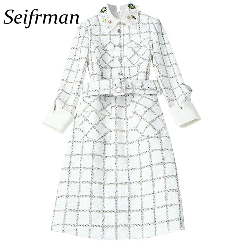 

Seifrmann Summer Women Fashion DesignerParty Midi Dress Sequined Beading Sashes Long Sleeve Plaid Printed Ladies A-Line Dresses