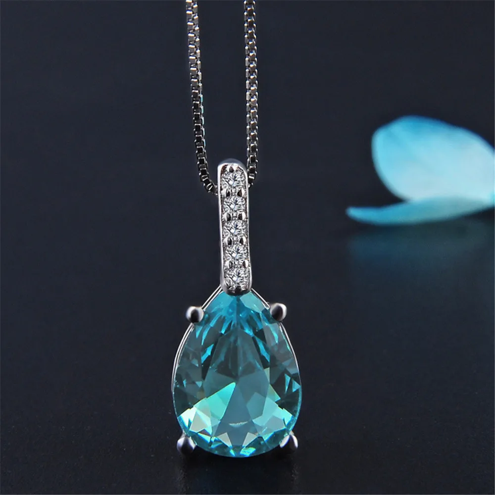 

Aquamarine Blue Gemstones Crystal Pendant Necklaces For Women Carats Zircon Diamonds Fashion White Silver Color Choker Jewelry