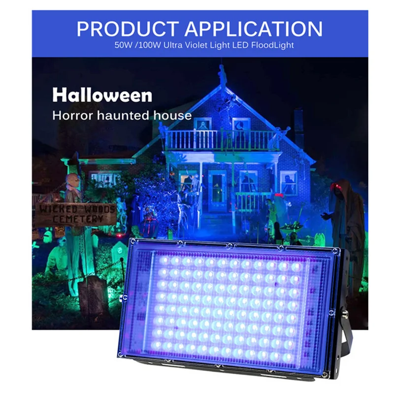 2pcs 100W UV DJ Disco Light 50W LED Floodlight EU Plug 220V Ultraviolet light 395nm Lamp Fluorescent Bulb for Halloween Party 1p - купить по