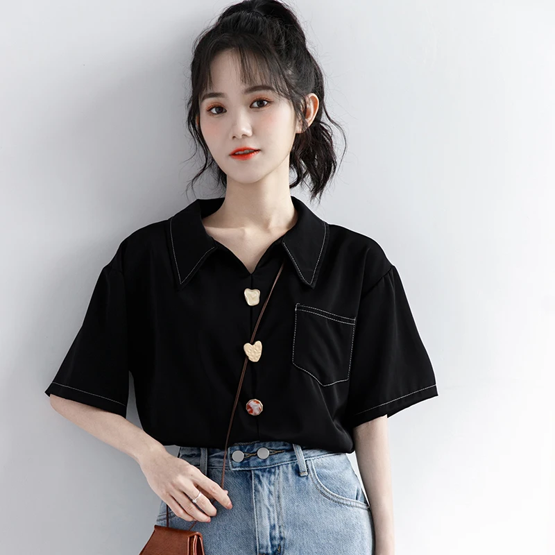 

Женская блузка с коротким рукавом, летняя черная рубашка с коротким рукавом