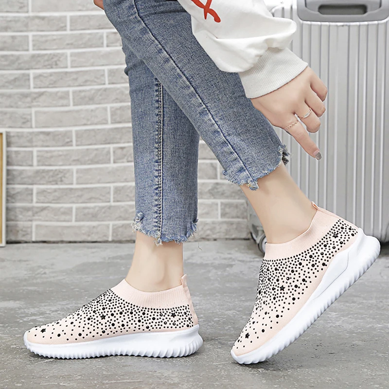 

Women's Mesh Flat Shoes Rhinestone Shining Slip-on Casual Shoes For Woman Walking Sneakers Loafers Soft Shoes