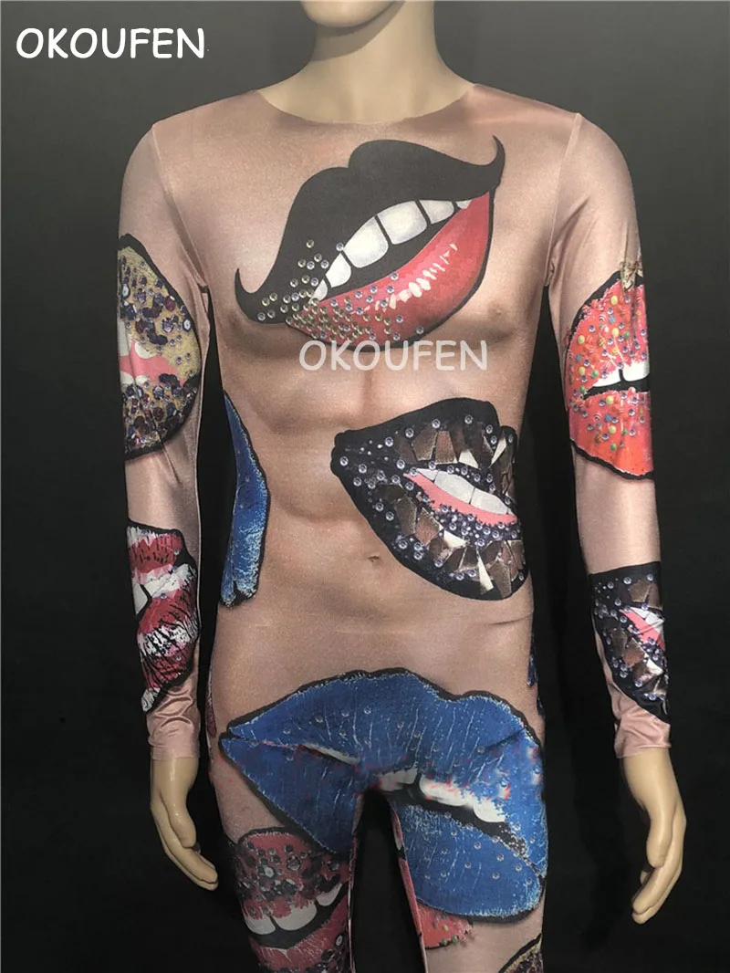 

Nightclub male singer model Dj Ds guest plays lip fake meat print jumpsuit trousers stage costume