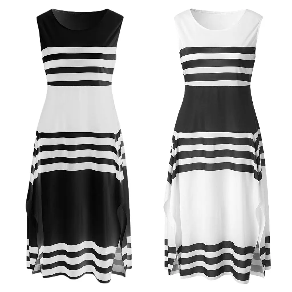 

3XL Women Stripe Sleeveless Black Dress Ladies Round Neck Casual Long Dress 2021 Vintage White Striped Party Dresses Vestidos