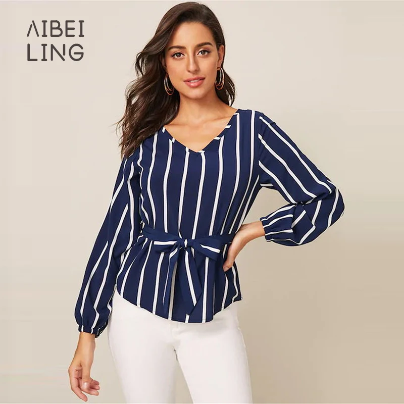 Женская блузка в полоску с V образным вырезом и длинным рукавом|Блузки| |