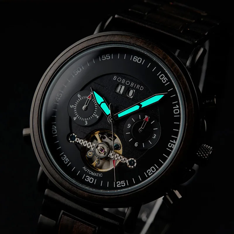 BOBO BIRD Auto Mechanical Watches Men Women Wood Watch Luminous Hand Business Chronograph Timepiece In Gift Box erkek kol saati