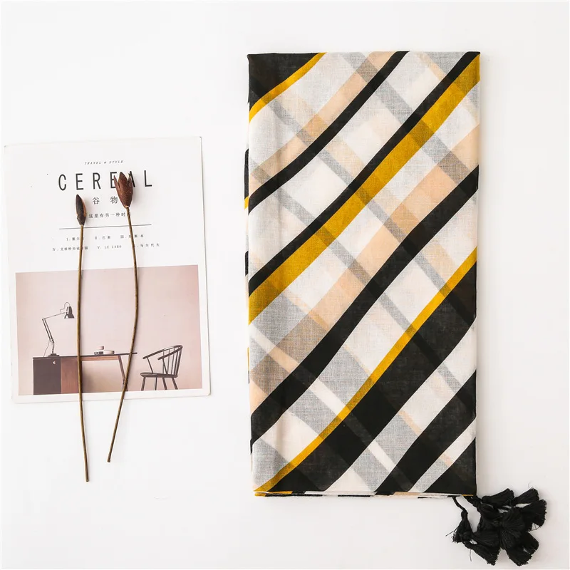 Мода полосатый принт хиджаб шарф с кисточками женские шарфы шали мусульманский