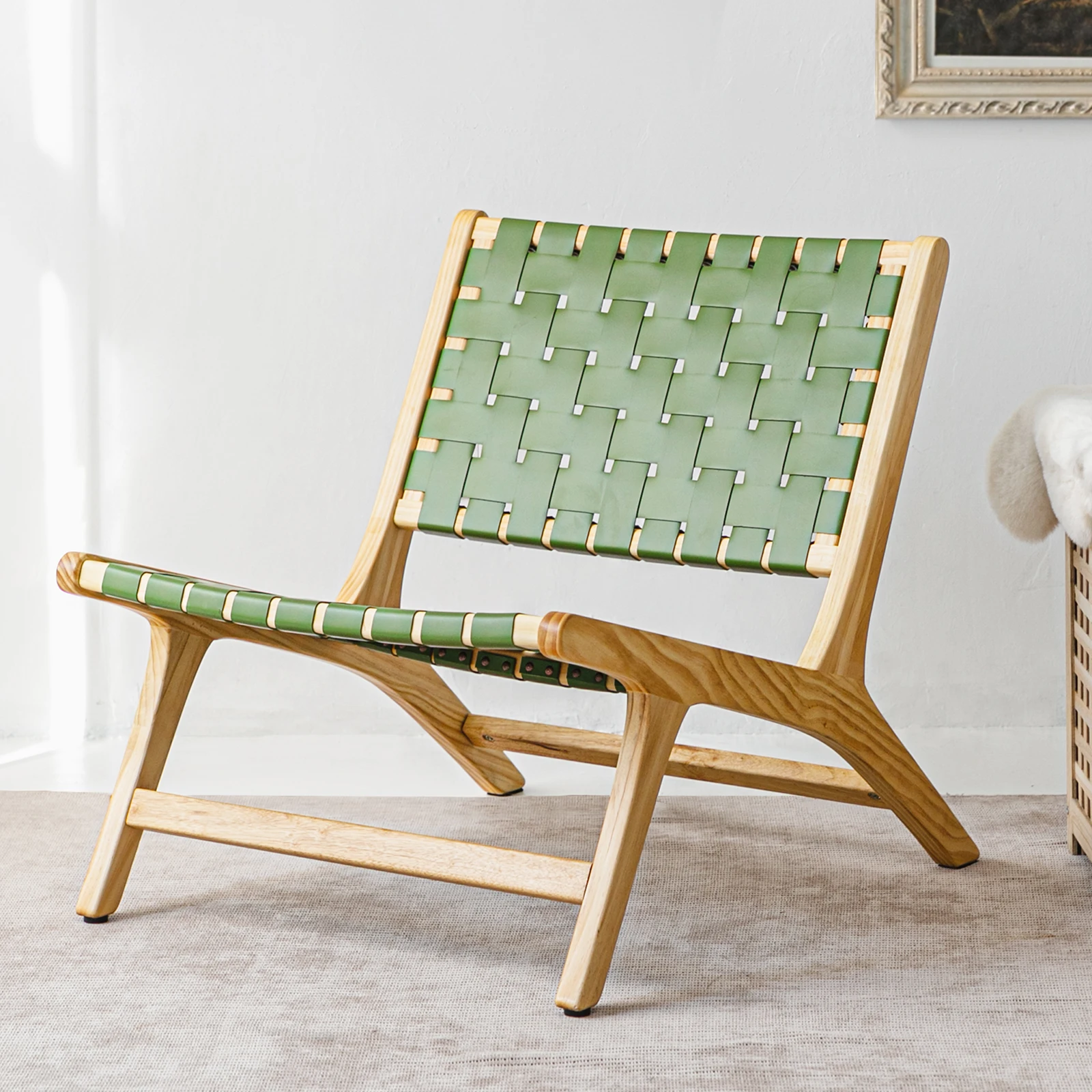 

LUE-BONA Green Leather Woven Patio Chair for Leisure Indoor Wooden Recliner Accent Sofa Wood Furniture for Garden Living room