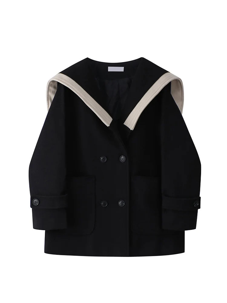 

2022 Women Korea Vintage Warm Woolen Overcoat Sailor Collar Long Sleeve Preppy Style Pockets Loose Outerwear Autumn Winter New