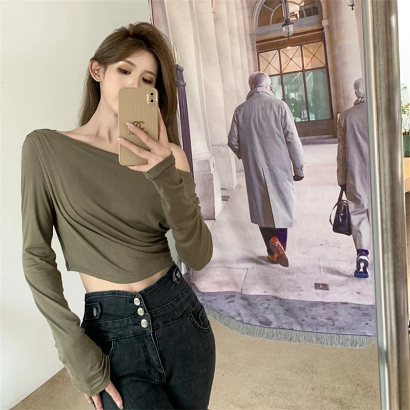 

Real shot 2021 autumn fashion short casual bottoming shirt sexy pleated off-shoulder T-shirt top