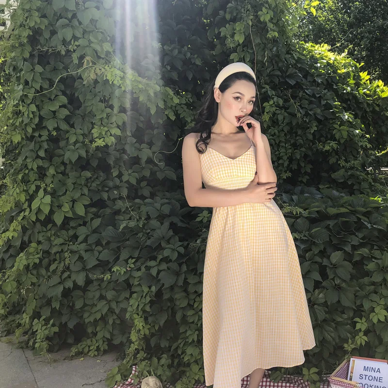 Женское винтажное клетчатое платье желтое длинное Хлопковое до щиколотки на