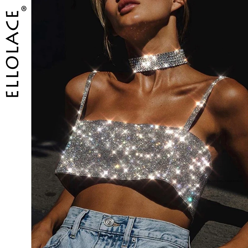 

Ellolace Summer Shiny Crystal Chain Tank Top Silver Metal Mesh Halter Metallic Vest Party Clubwear Outfits Strap Crop Top