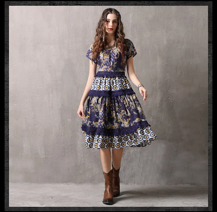 

Women Bohemian Dress Sleeveless Summer Retro Dresses Fringed Lace Stitching A-line O-neck Casual Dresses TA82102