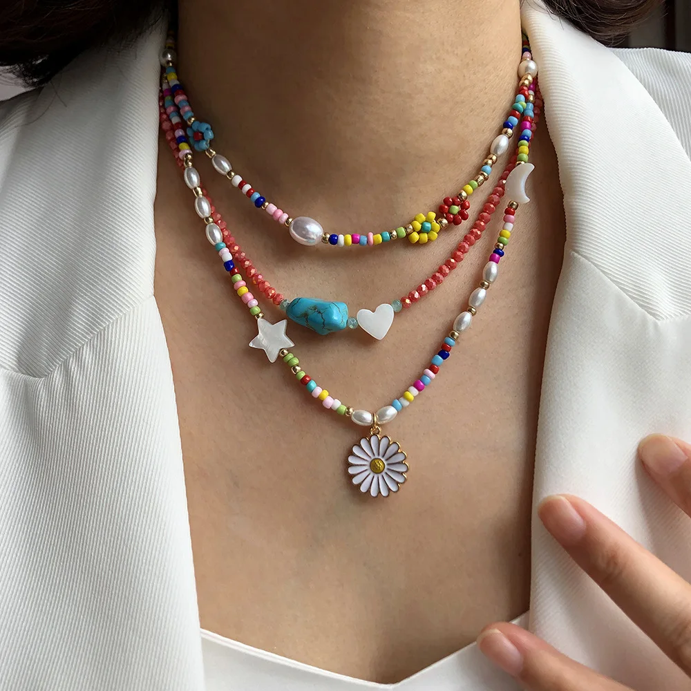 

Ins Double Layered Color Beaded Small Daisy Flower Necklace Women's Star Turquoise Rice Collar Crystal Shell Clavicle Chain