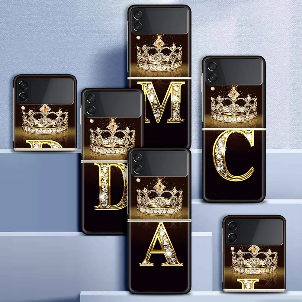 Case For Samsung Galaxy Z Flip 3 5G Black Hard PC Phone Housing Z flip3 Luxury Segmented Cover Letter Monogram Gold Marble 4