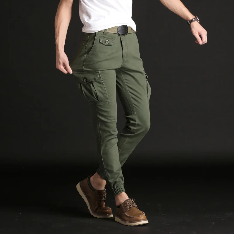 

Spring Summer Cargo Pants Mens Slim Stretch Korean Youth Male Thin Mid Waist Ankle Length Pant Men Multi-pocket Straight Trouser