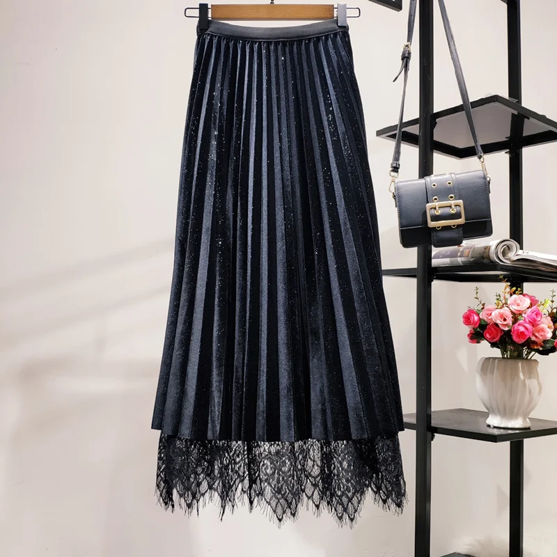 

2020 New Women solid mesh pleated midi skirt vintage strethy waist office ladies elegant chic skirts long skirts for women