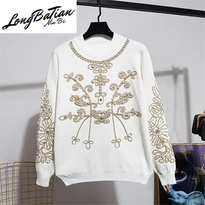

Spring Autumn Knit Set Beading Flowers Tracksuit Female High Quality Knitted Sweater Long Pants Suit 2pc Women Knitting Outfits