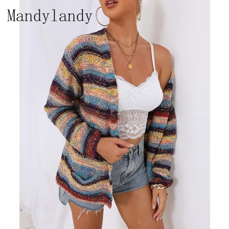 

Mandylandy Coat Sweater Women's Casual Long Sleeve Cardigan Pocket Sweater Autumn Fashion Striped Loose Straight Knit Coat