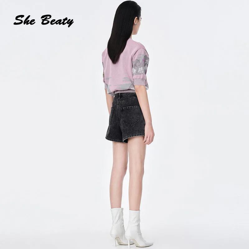 

She Beaty Pink Knitted Sweater Pullover Vintage 2021 Summer Clothes Short Sleeve Embroidery Pattern O-Neck Casual Jumper Za Tops