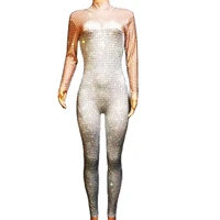 silver full rhinestones long sleeve jumpsuit shiny costume women nightclub dance show wear party evening costume stage rompers