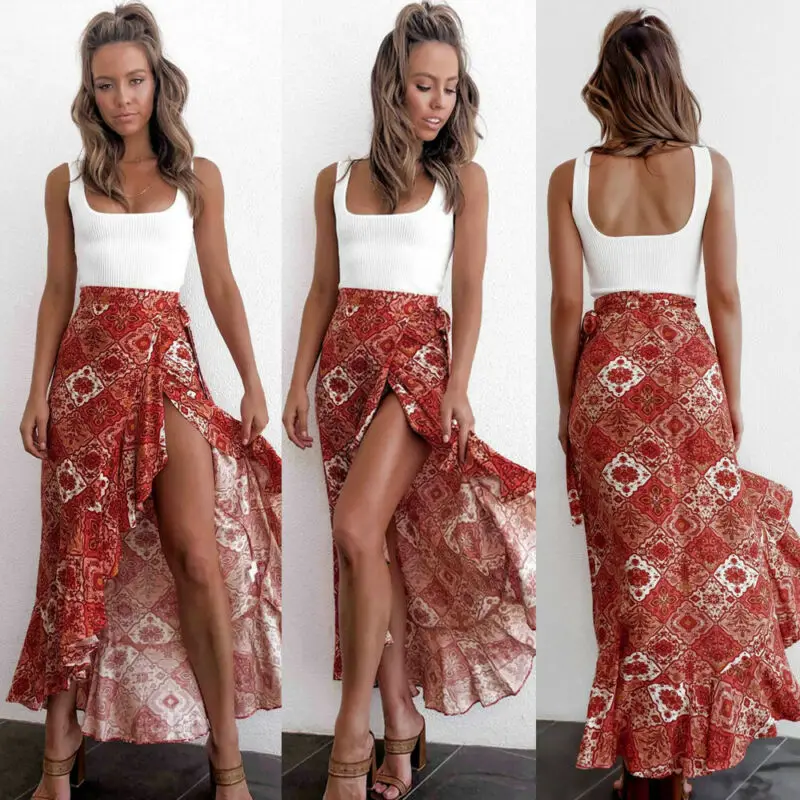 

2020 Fashion Women Floral Printed High Waist Long Skirt Ladies Summer Holiday Casual Ruffle Wrap Sundress