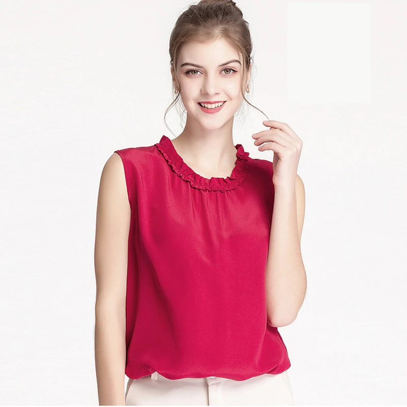 

100% Silk Women's Runway Blouse O Neck Sleeveless Ruffles Fashion Casual Tanks Tops