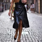 Женская уличная 2021 стиль, экокожа (полиуретан), Кожаная Юбка-миди Celmia с высокой талией разрез Элегантные ботинки из органической кожи на ремне, повседневный тонкий офисные юбки размера плюс