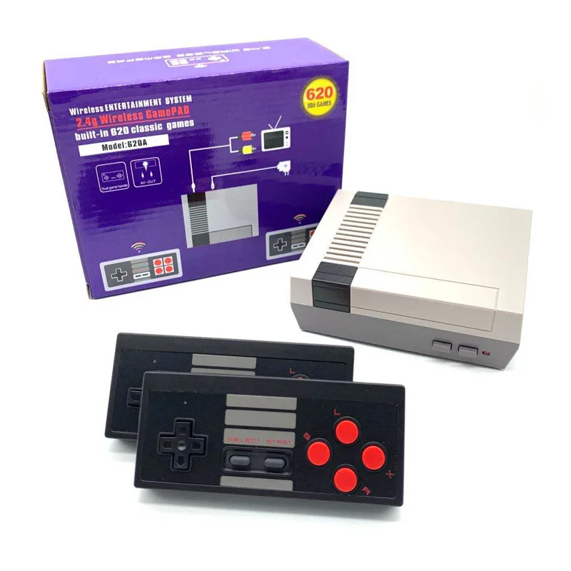

8 Bit HD 2.4G Wireless Video Game Console Retro TV Console Box AV Output Dual Player Controller Built in 620 Classic NES Games