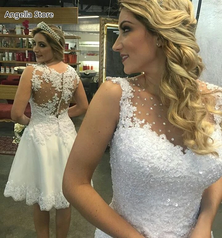 

Short White Wedding Dresses For Bride O-Neck Lace Appliques Beaded Knee Length Sleeveless Bridal Gowns Illusion Back