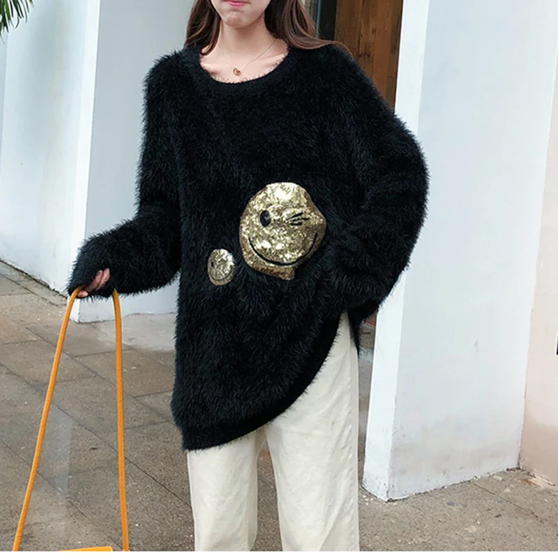 Свободные длинные женские свитера из мохера 2018 зимний длинный свитер с блестками