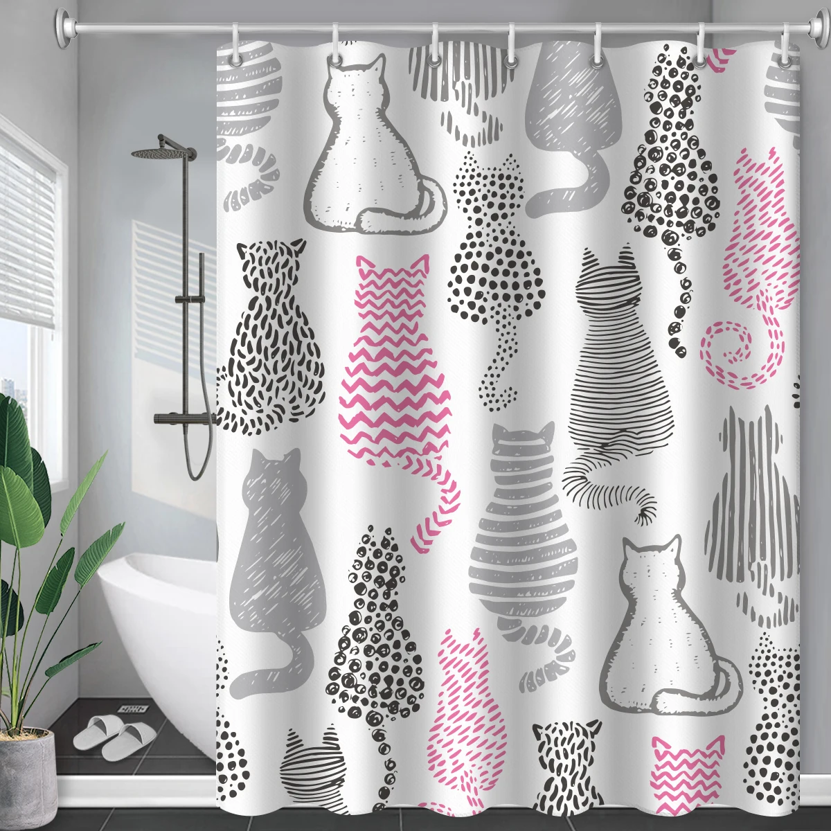 Black Cat Printed Long Shower Curtains Bathroom Accessories Waterproof Duschvorhang Pink Kitty Bed Bath Art Decor Curtain Hooks