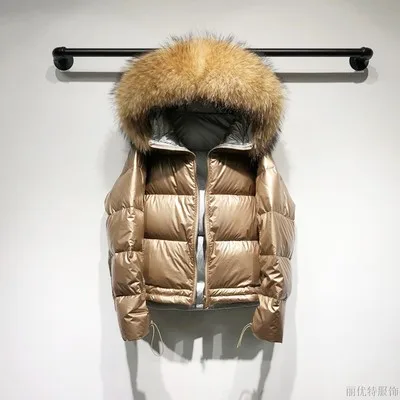 Gold Yellow fur Пальто с натуральным лисьим меховым воротником зимняя куртка женская Свободная короткая пуховая куртка белая пуховая куртка Толстая теплая пуховая парка - Цвет: Gold Yellow fur