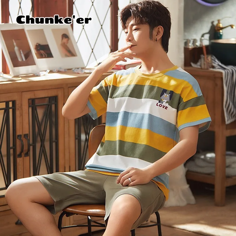 

Pajamas Men's Summer Cotton Short Sleeve Shorts Housewear Leisure Loose Cartoon Suit Middle School Students Can Wear Out