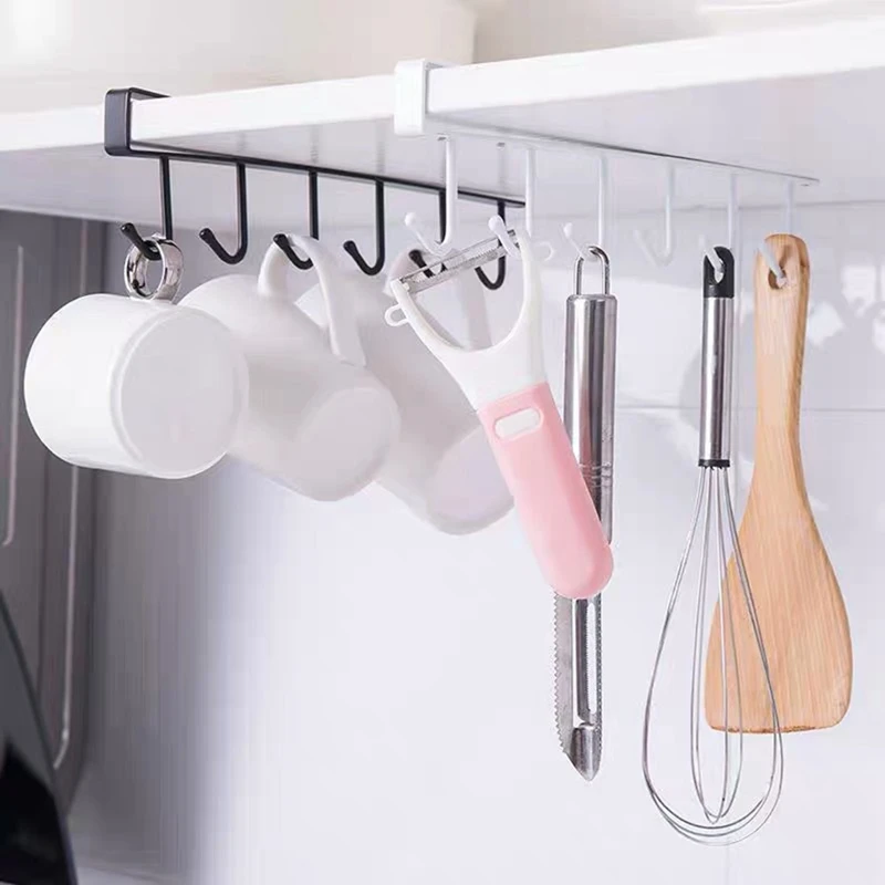 

Storage Rack Organiser Rack Kitchen Hook Tools Black And Whi 6 Hooks Cup Holder Hang Multifunctional Kitchen Cabinet Shelf Metal