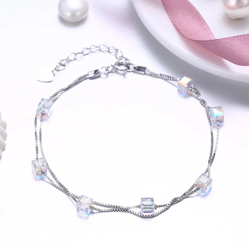 Sugar Cube Crystal Double Layer Bracelets Real 925 Sterling Silver Charm Fine Jewelry Romantic Accessories | Украшения и
