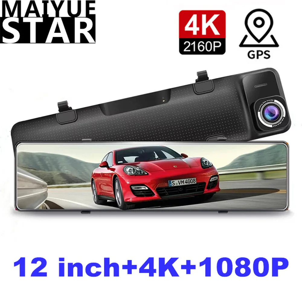 

12" Car DVR 4K 3840*2160P Dash Cam Camera Sony IMX415 Rear View Mirror GPS Dual Lens 1080P Car Video Recorder Parking Monitor