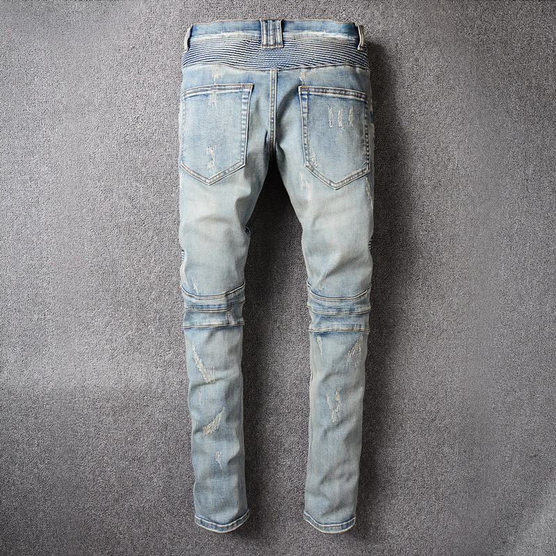 Мужские рваные джинсы с вышивкой Синие в стиле ретро брюки хип хоп байкерские