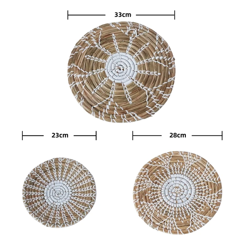 

3pcs Wall Basket Decor Hanging Natural Woven Seagrass Flat Baskets Round Boho Decorative Tray for Living Room Bedroom Unique Art